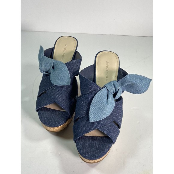Marc Fisher Women's Hobby Sandal Size 8 Cork Wedge Platform Denim Slide Knot - Picture 3 of 11
